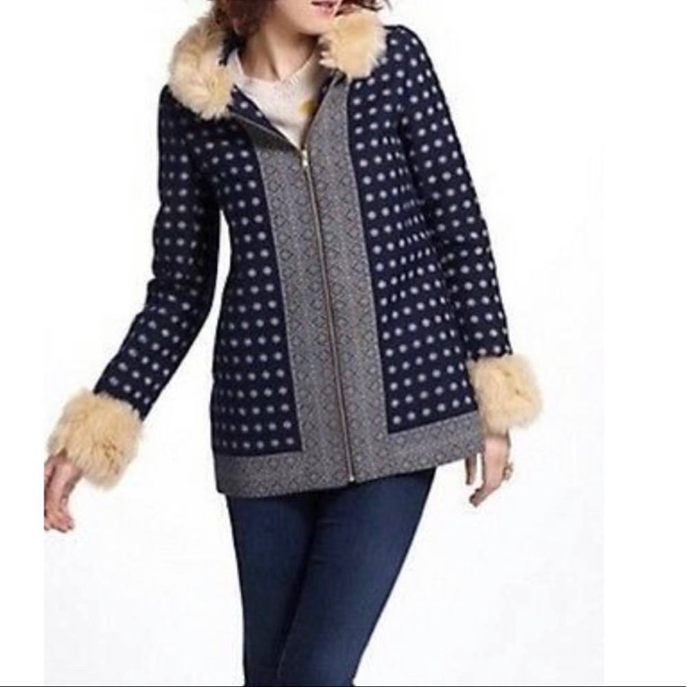 Navy Polka-Print Utility Jacket with Faux-Fur Trim